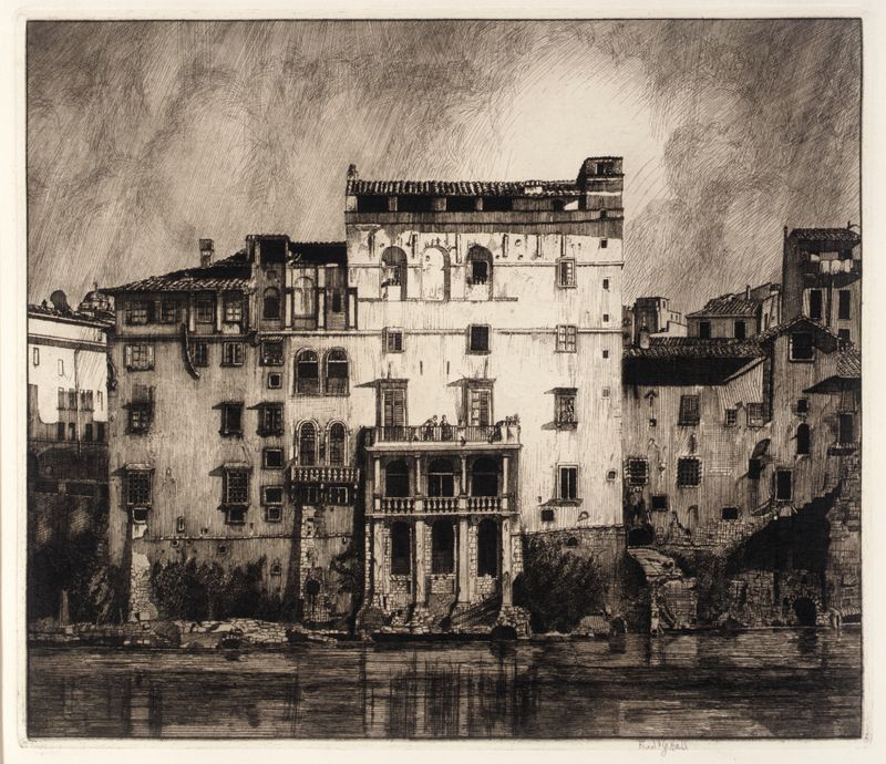 Old Houses on the Tiber by Frederick G. Hall, realism, depicting ancient architecture with warm light.