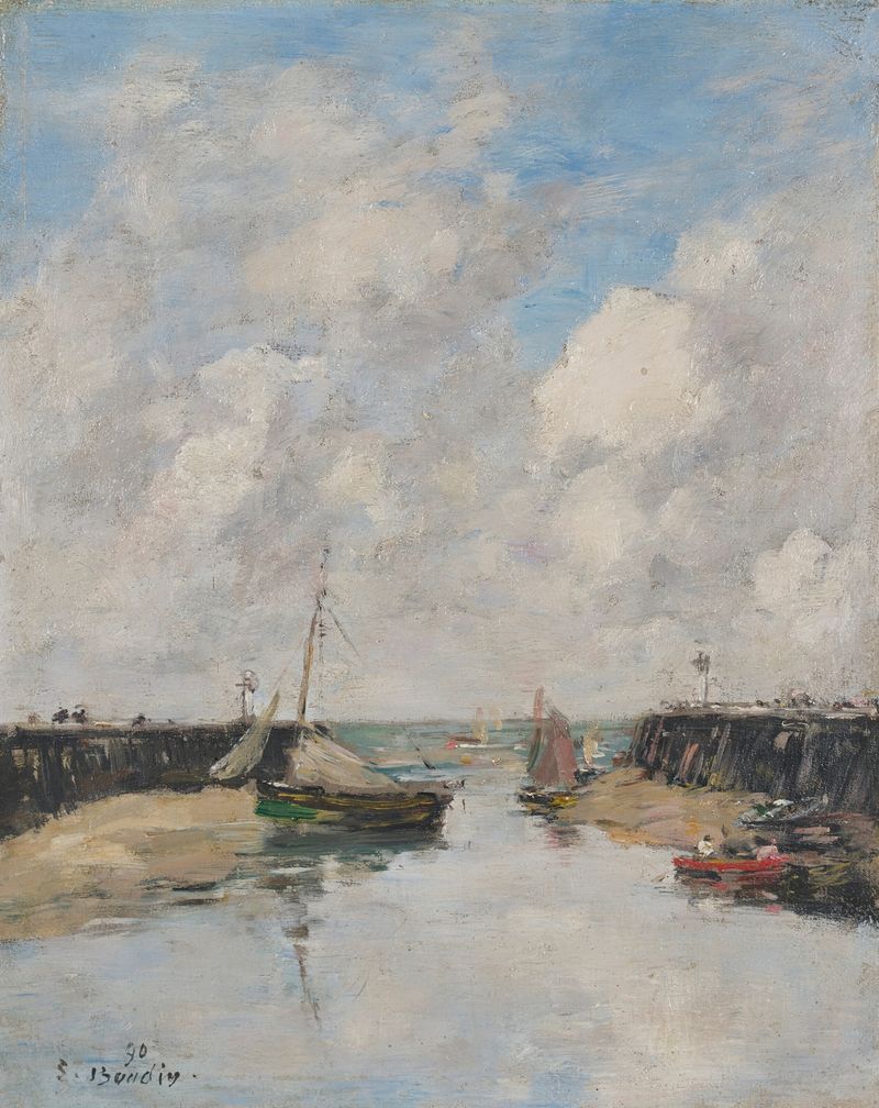 Cena marinha com pôr do sol sobre ondas, óleo sobre tela de Eugène Boudin