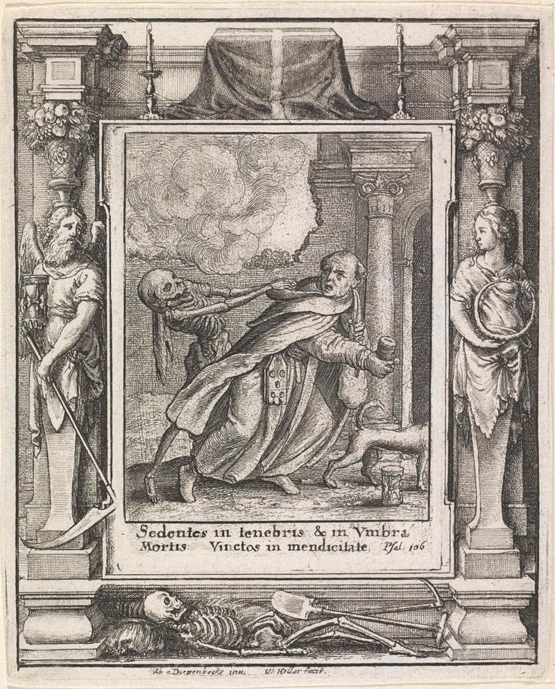 Grabado de Wenceslaus Hollar que muestra a un monje frente a la Muerte