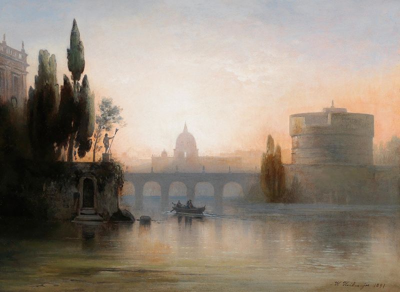 Paisagem retratando ruínas antigas na luz dourada de Karl Heilmayer