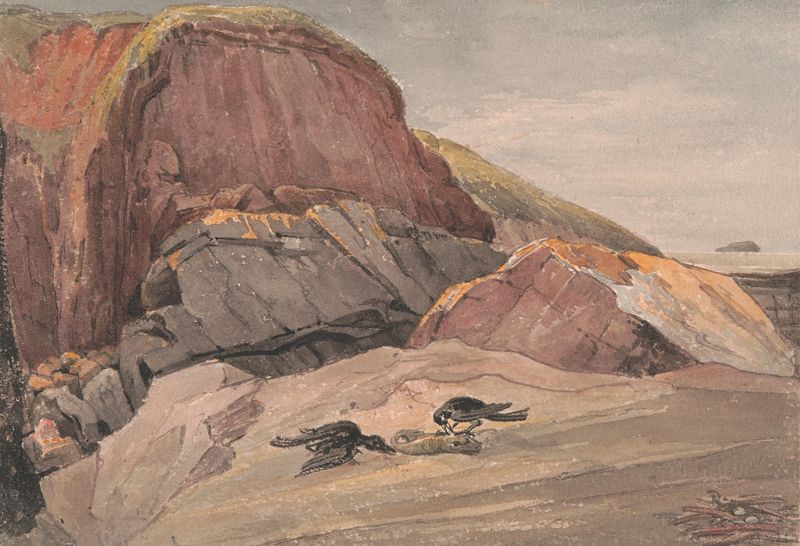 Oil painting by George Cumberland depicting hills and tranquil waters.