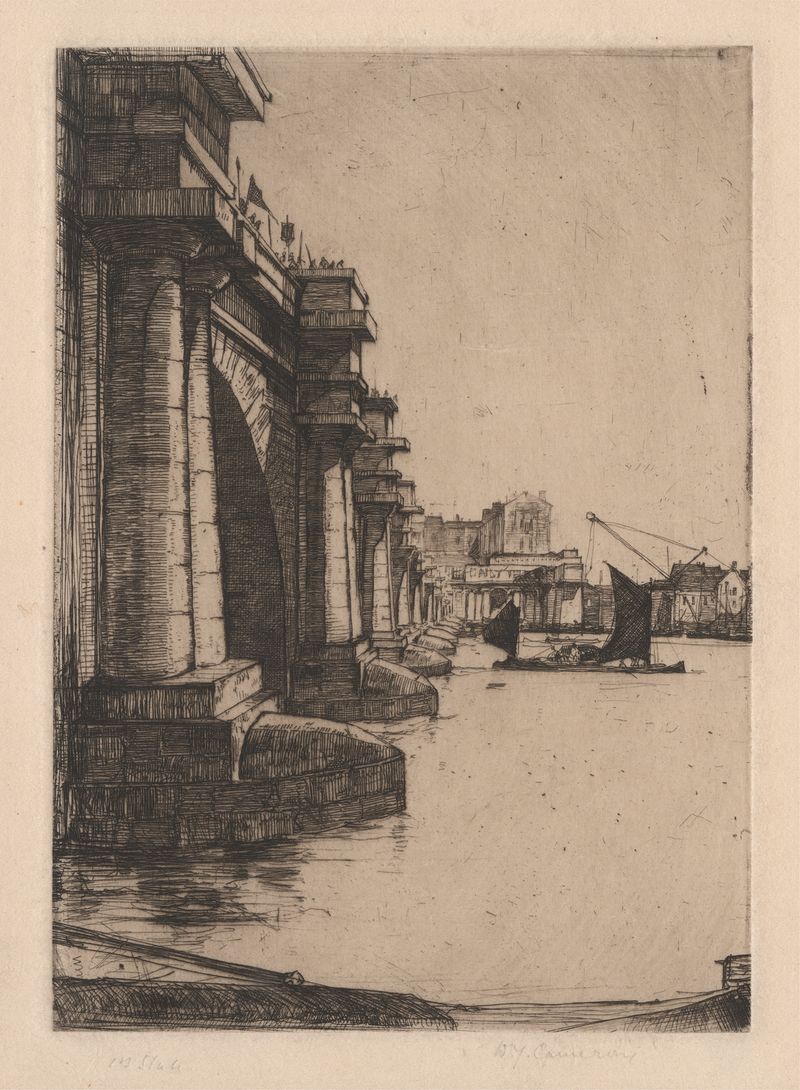 Waterloo Bridge, No. 2 grabado de David Young Cameron que representa un paisaje brumoso