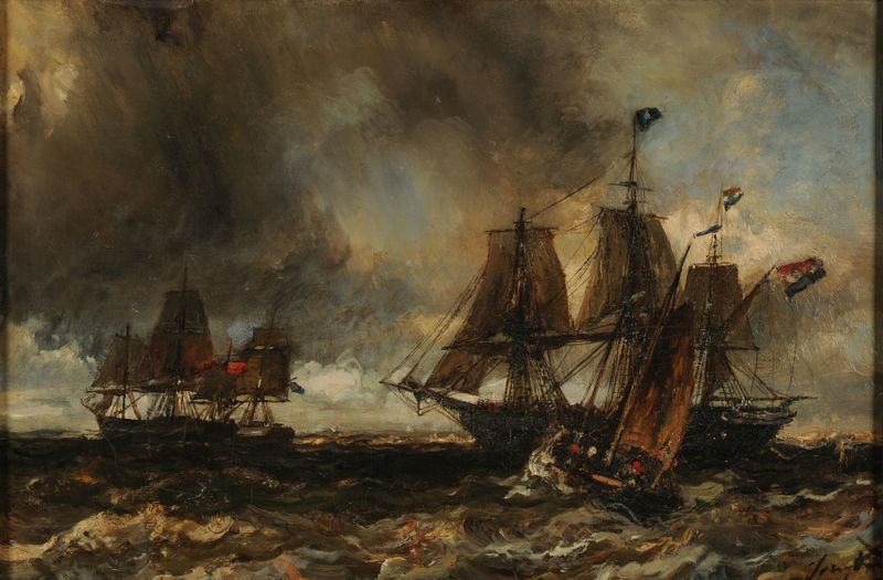 Le Grain de Johan Barthold Jongkind, óleo sobre tela que retrata água e nuvens em movimento