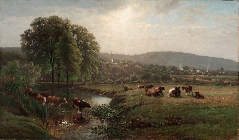 Landscape at dawn with mountains in pastel colors by James McDougal Hart, oil painting
