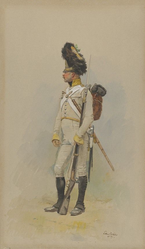 A standing soldier in a uniform poses confidently, holding a sword and wearing a plumed hat.