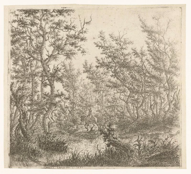Boslandschap met een ruiter, etching by Claes van Beresteyn depicting a rider in a forest