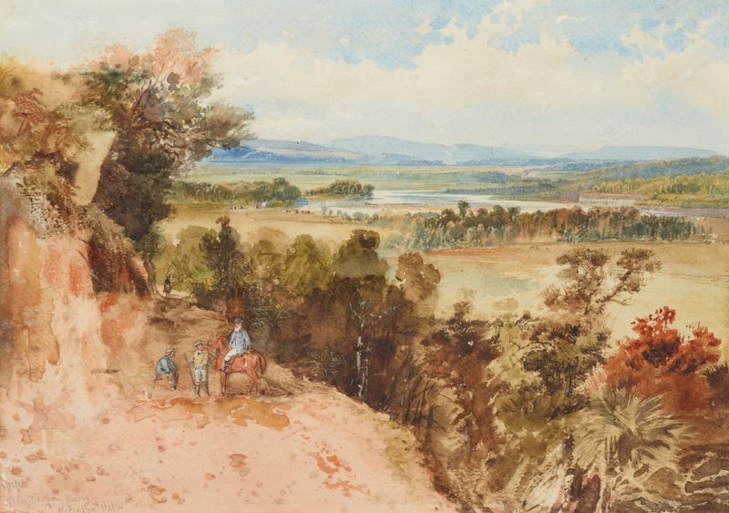 Oil painting by Nicholas Chevalier depicting rolling hills and a river.