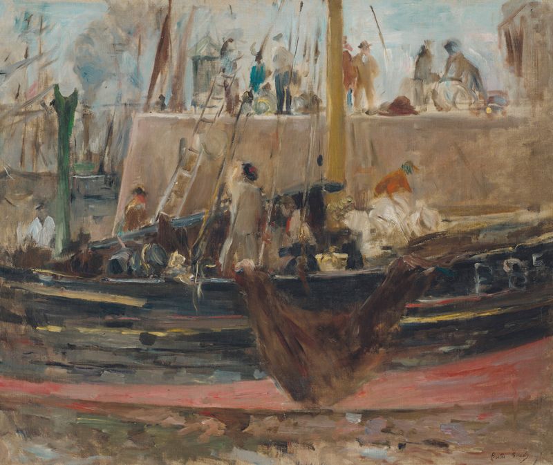 Boats at quay, oil painting by Berthe Morisot, featuring soft brush strokes and shimmering water.