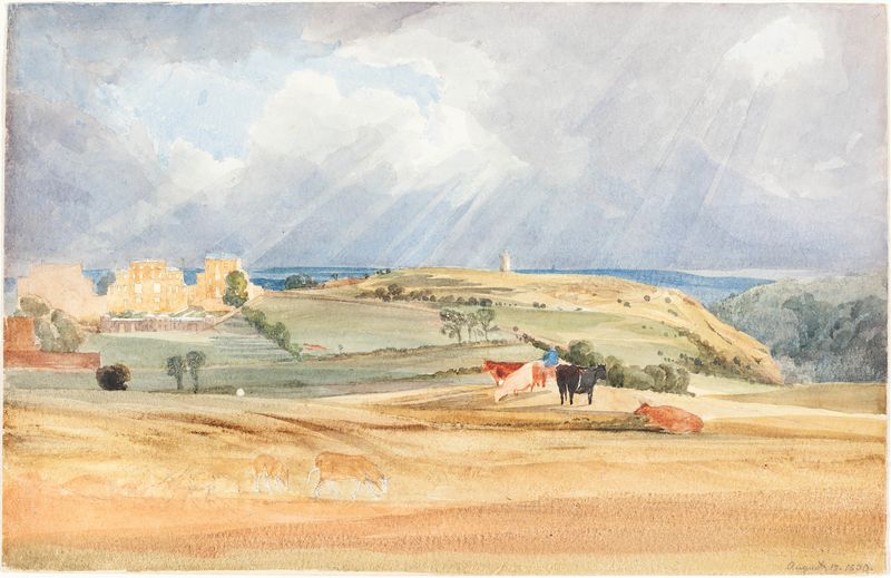 Landscape with Cattle by Rev. James Bulwer, oil painting depicting rolling hills and grazing cattle