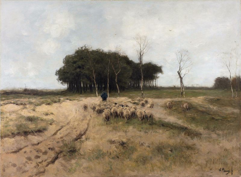 Landscape depicting a heath with figures and sunlight, oil painting by Anton Mauve