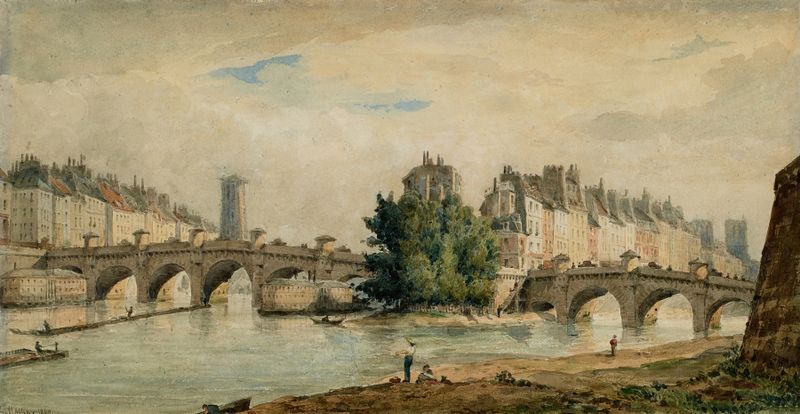 Le Pont-Neuf de Louis-Martial-Théodat Masson, óleo sobre lienzo que muestra un paisaje al atardecer con figuras y farolas.