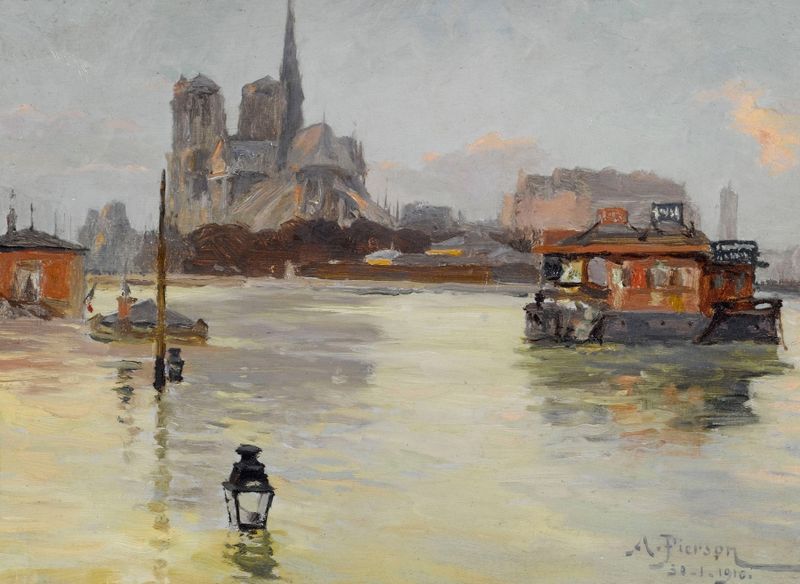 Catedral de Notre-Dame inundada en París por Albert Leopold Pierson, Impresionismo