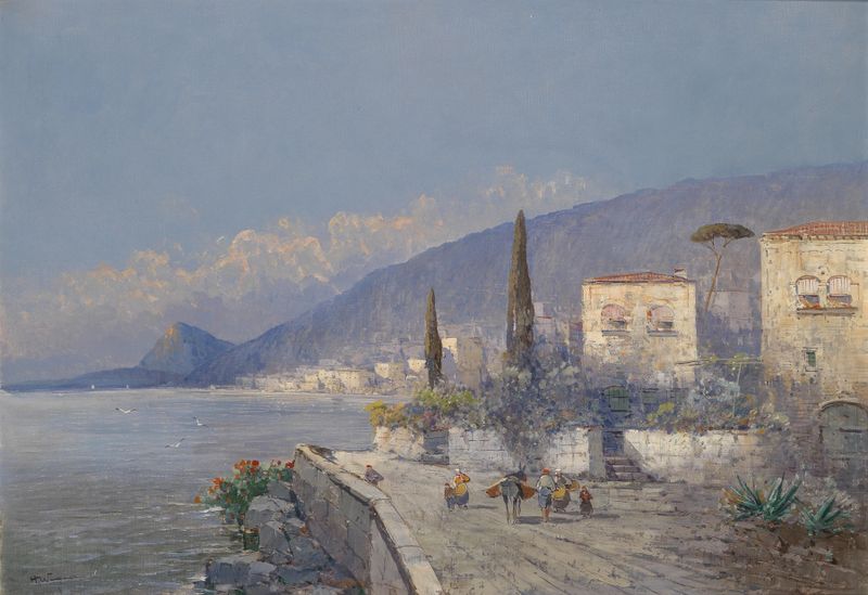 Marine scene of cliffs and sea in vibrant blues and greens by Georg Fischhof, oil on canvas