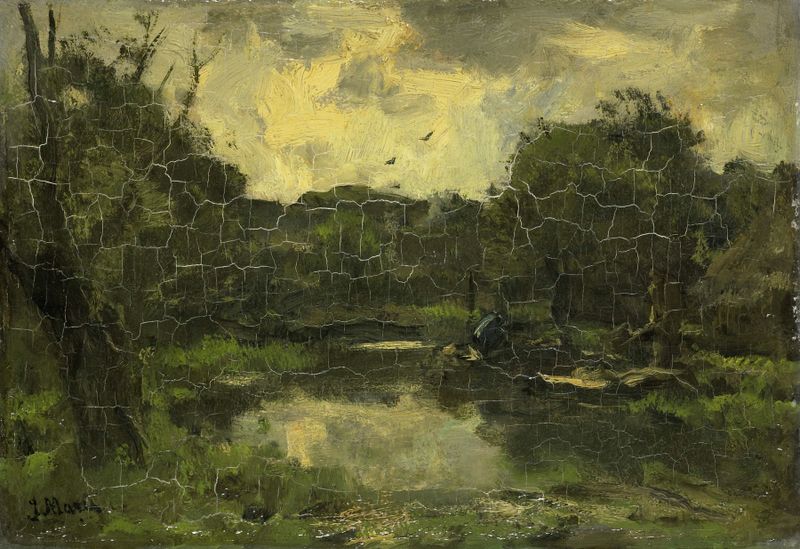 Landschap met schuit by Jacob Maris, Impressionism, depicting hills, water, and a tranquil sky.