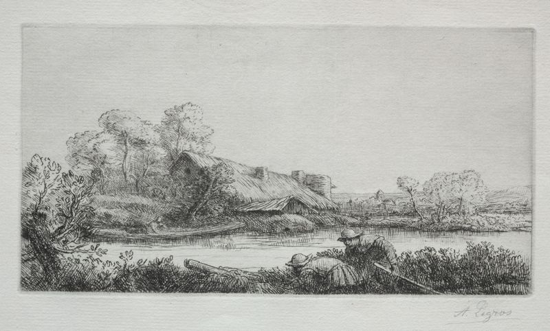 The Farm on the River de Alphonse Legros, óleo sobre lienzo que representa un paisaje tranquilo con un río.