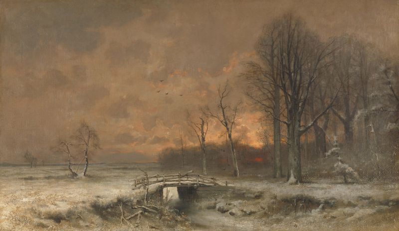 Winter landscape with sunset and trees by Louis Apol, oil painting