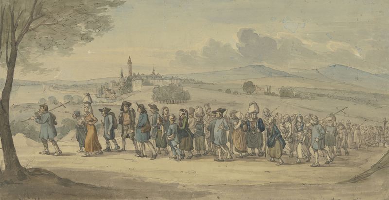 Peregrinos caminando past un pueblo cerca de un río, pintura al óleo de Jakob Fürchtegott Dielmann