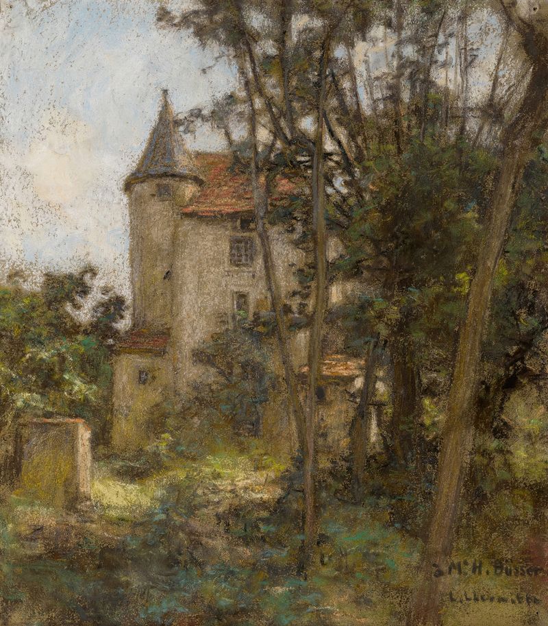 Castelo gótico com torres contra um céu nublado, óleo de Léon Augustin Lhermitte