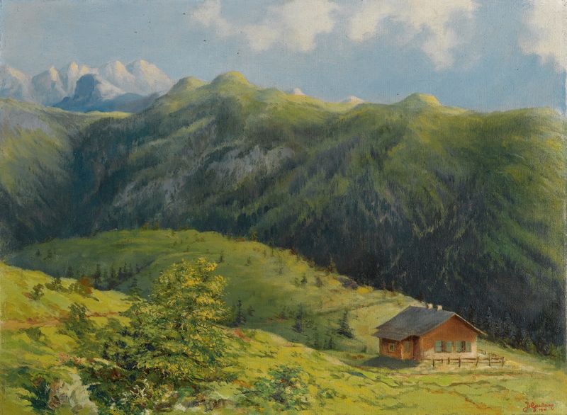 Landscape of The Saas Hunting Lodge, oil on canvas by Hans Gantner