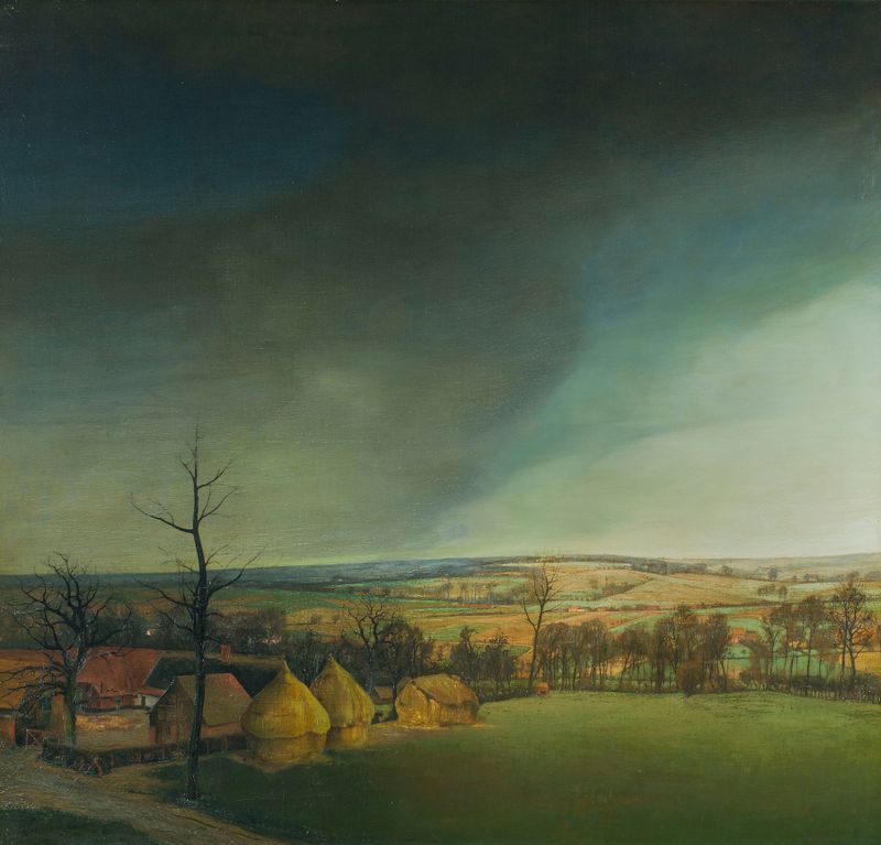 An Approaching Storm by Valerius De Saedeleer, oil on canvas depicting swirling clouds over vibrant fields