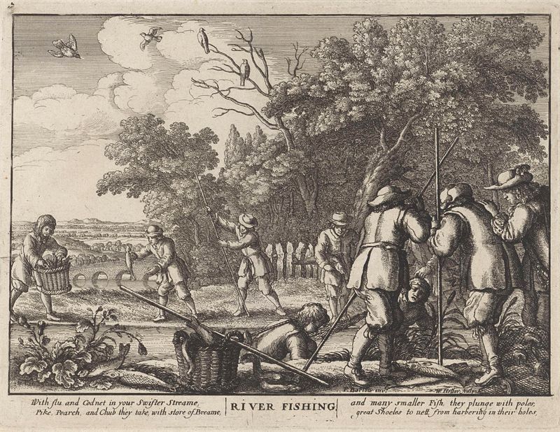 Riviervisserij grabado de Wenceslaus Hollar que representa un sereno paisaje fluvial
