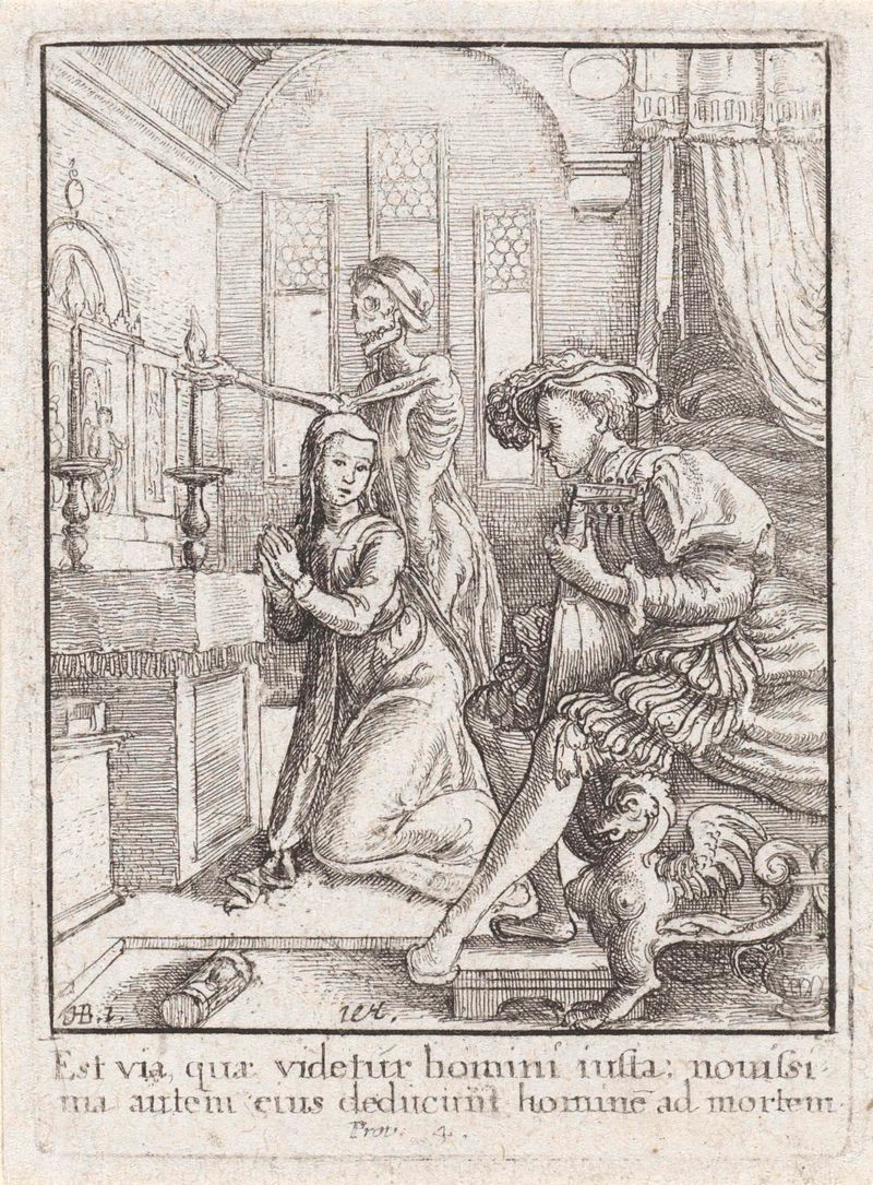 Gravura de Wenceslaus Hollar mostrando uma figura ao lado de um túmulo