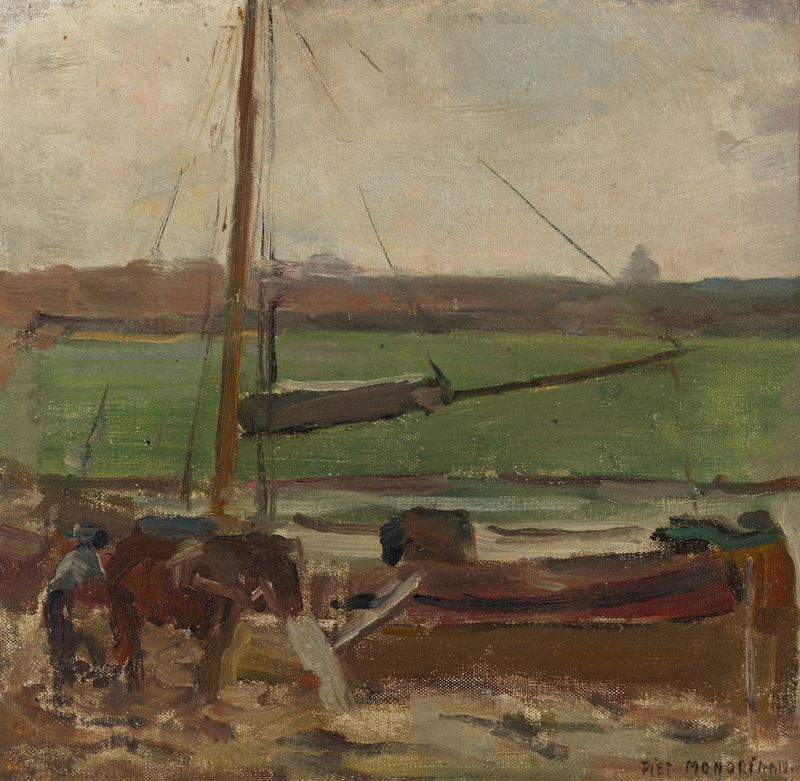Landscape with a tranquil waterway and muted hues by Piet Mondrian, oil painting