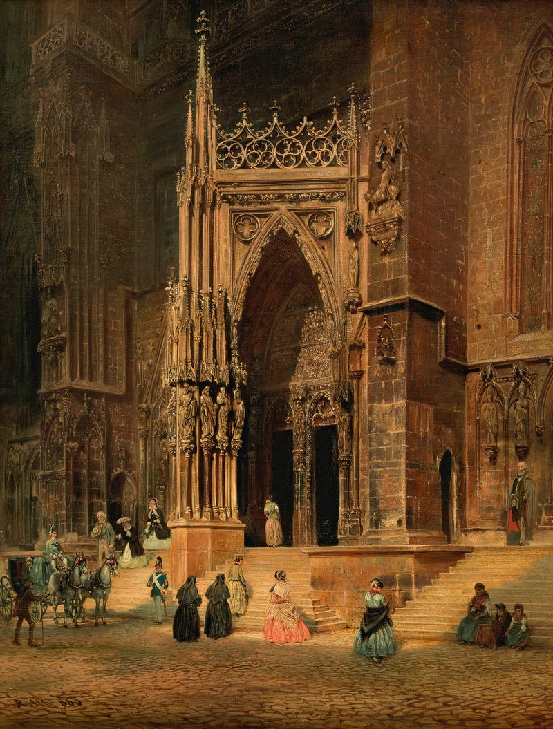 Portal gótico com intrincadas esculturas de Rudolf von Alt, 1860