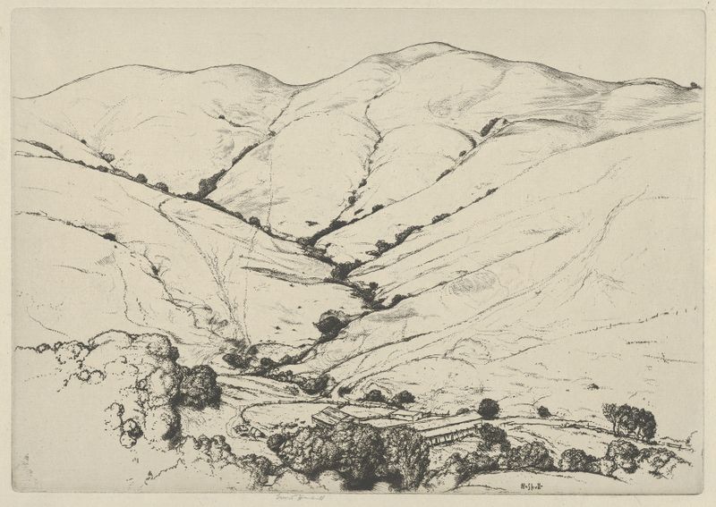 Wildcat Canyon de Ernest Haskell, acuarela sobre papel que muestra acantilados y un arroyo.