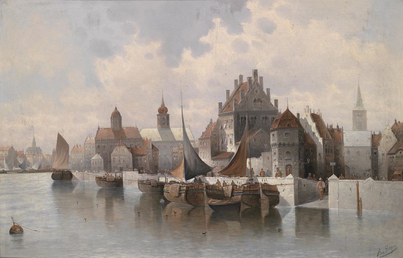 Hafenstadt by August Von Siegen, oil on canvas depicting a shimmering harbor.