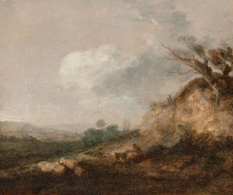 Un pastor y su perro en un paisaje, su rebaño descansando junto a una duna, óleo de Thomas Gainsborough.