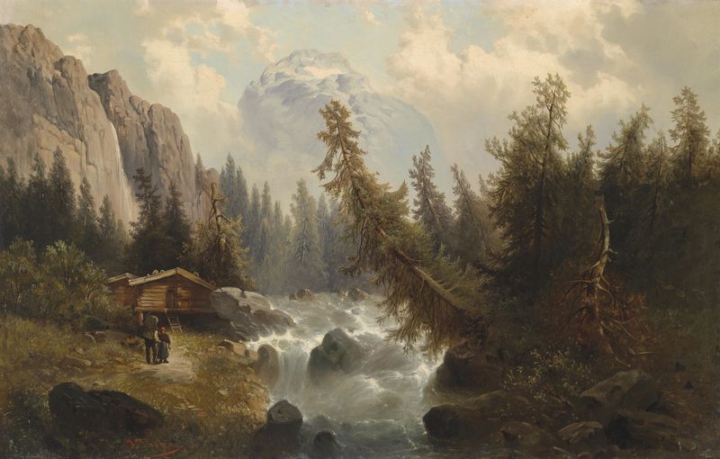 Paisaje con un arroyo y montañas, pintura al óleo de Josef Thoma