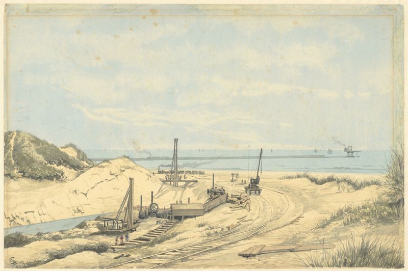 Oil painting by Johan Conrad Greive depicting workers at the North Sea Canal landscape