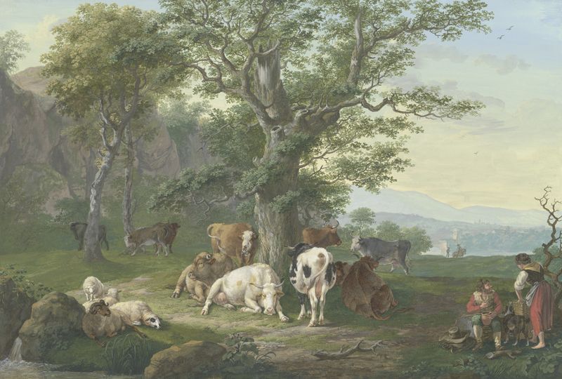 Lagernde Herde unter einer Eiche, oil painting by Johann Georg Pforr, showing a herd under an oak tree.