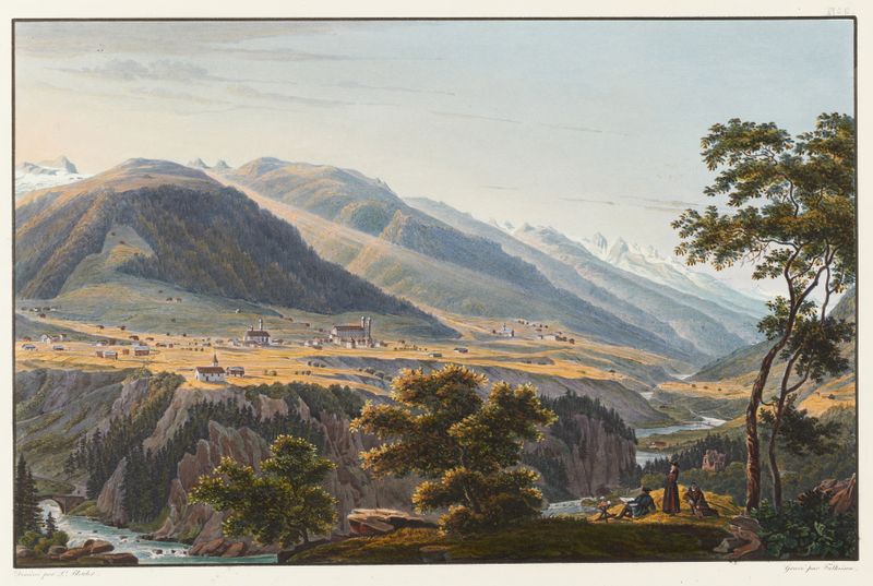 Pintura a óleo de paisagem de Johann Ludwig Bleuler com um rio, montanhas e um vale