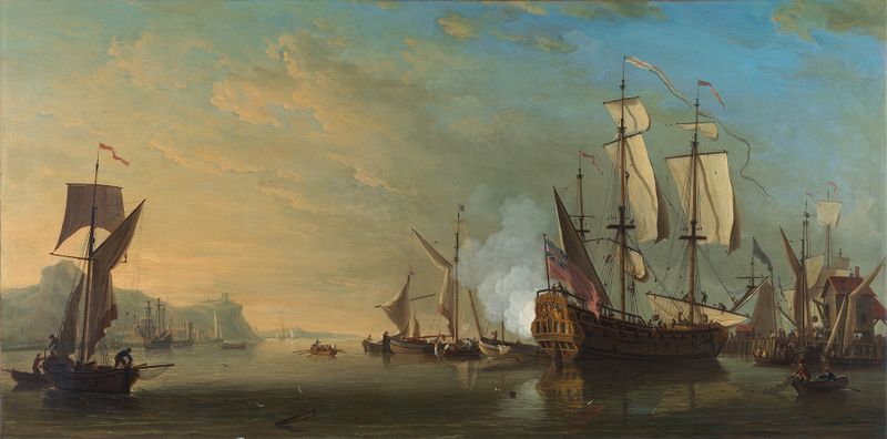 Shipping off Dover by Samuel Scott, oil on canvas depicting ships at sea during dawn