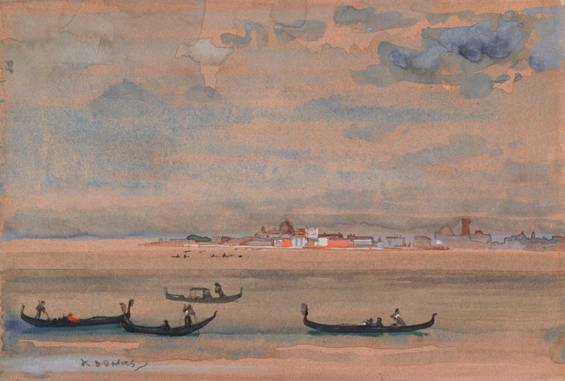 Gondolas on water at dawn, oil on canvas by Arthur Bowen Davies