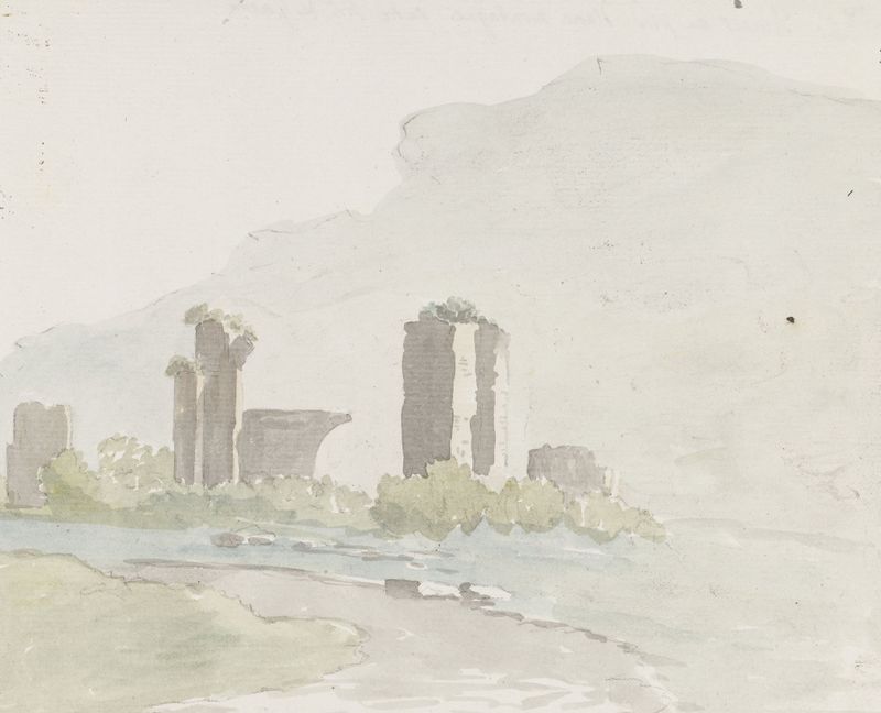 Paisagem com ruínas ao pé das montanhas de Abraham-Louis-Rodolphe Ducros, pintura a óleo