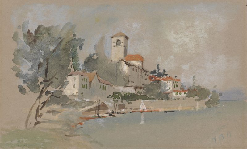 Paisagem de uma villa perto do mar por Hercules Brabazon Brabazon, pintura a óleo