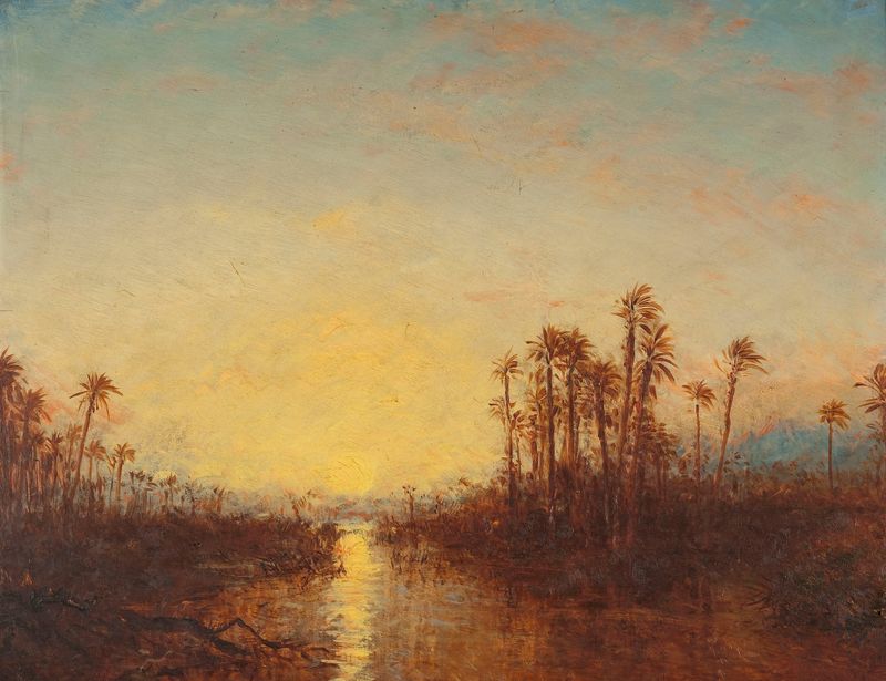 Khartoum, Coucher De Soleil de Félix Ziem, pintura a óleo de um pôr do sol sobre um rio.