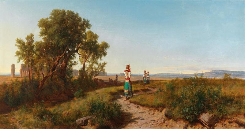 Römisches Aquädukt de András Markó, óleo sobre tela representando arcos contra colinas ao pôr do sol.