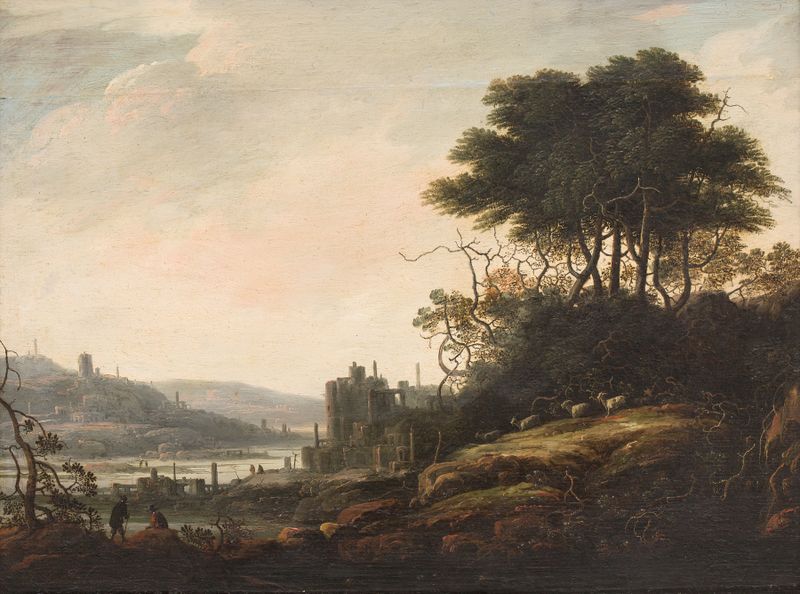 Landscape by Abraham Bloemaert, oil painting depicting a serene horizon with trees and golden light.