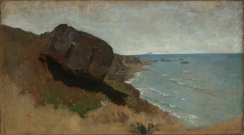 Küste bei Porto d’Anzio by Anselm Feuerbach, oil painting of a coastal scene with gentle waves.