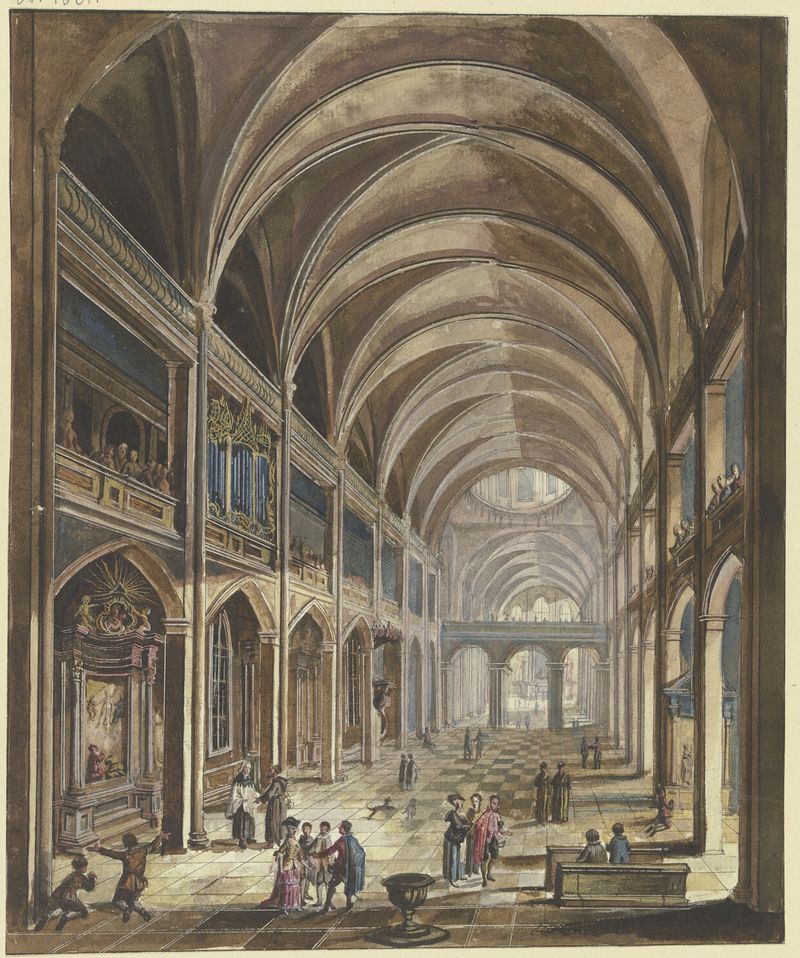 Interior of a baroque church with figures, oil painting by Christian Stöcklin