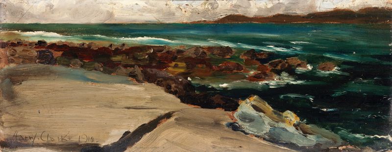 Landscape by the Coast, óleo de Harry Clarke, con olas cerúleas y luz dorada.
