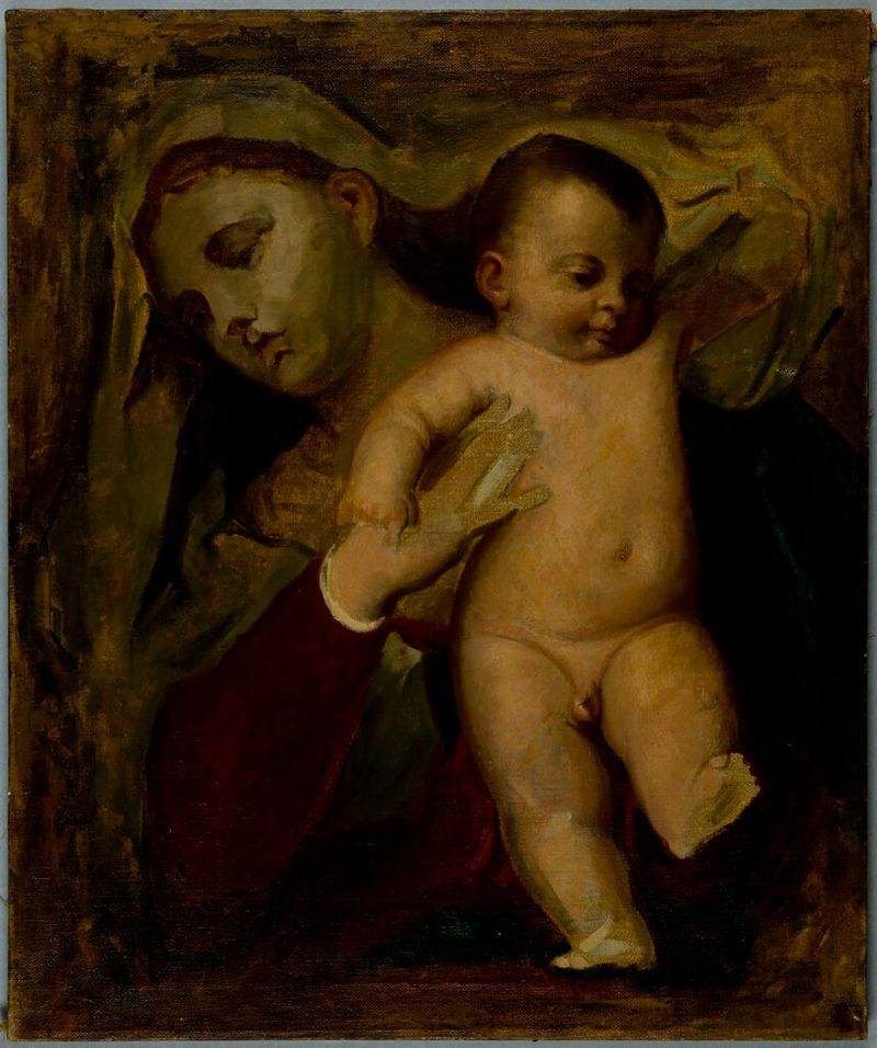 Virgin and Child oil painting by Carl Peter Teigen, featuring serene expressions and soft light.