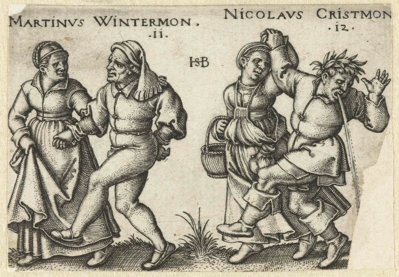 Grabado de Hans Sebald Beham que muestra parejas bailando alegremente en una atmósfera festiva