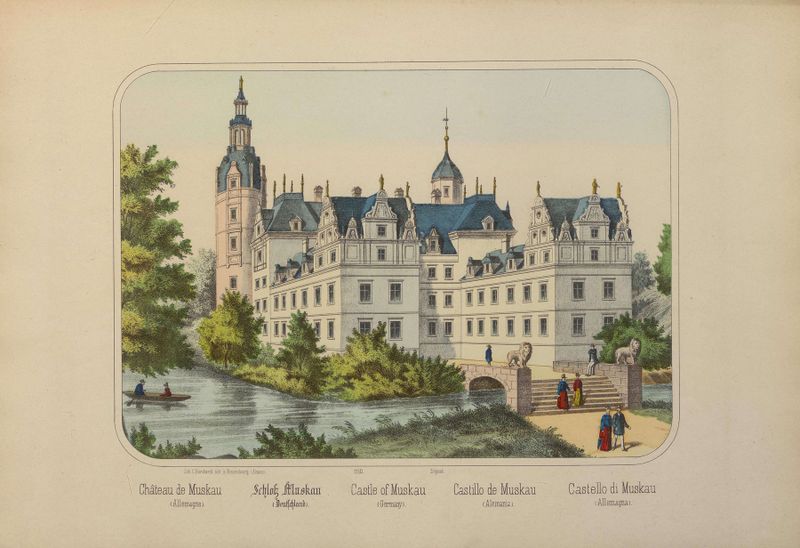 Castle of Muskau by Carl Burckhardt, oil on canvas depicting a tranquil landscape with a castle.