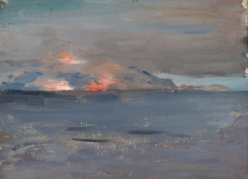Fires from a ship de Jan Ciągliński, óleo sobre tela que mostra um navio contra um mar noturno com fogueiras brilhantes.