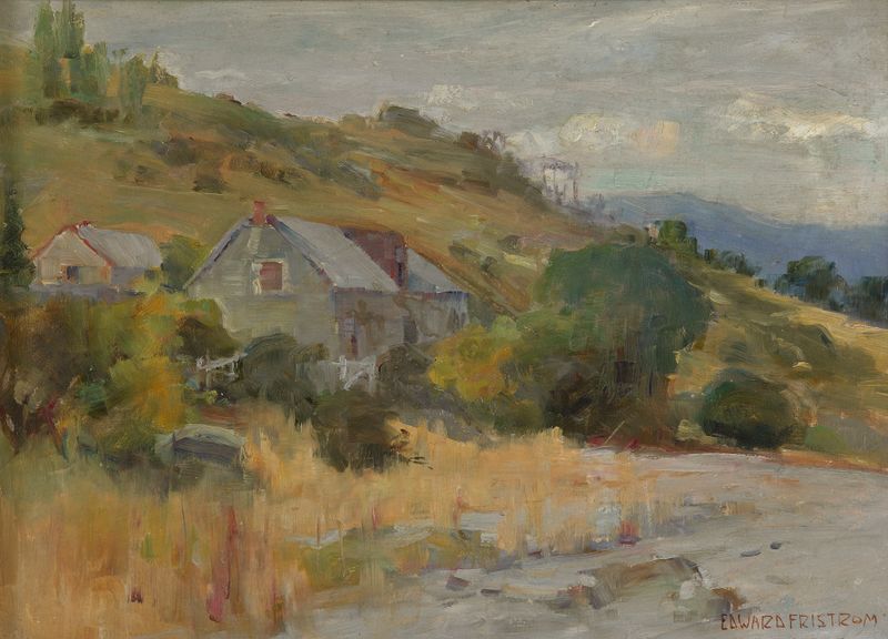 Pintura al óleo de una casa de campo junto al lago Wakatipu, Edward Friström
